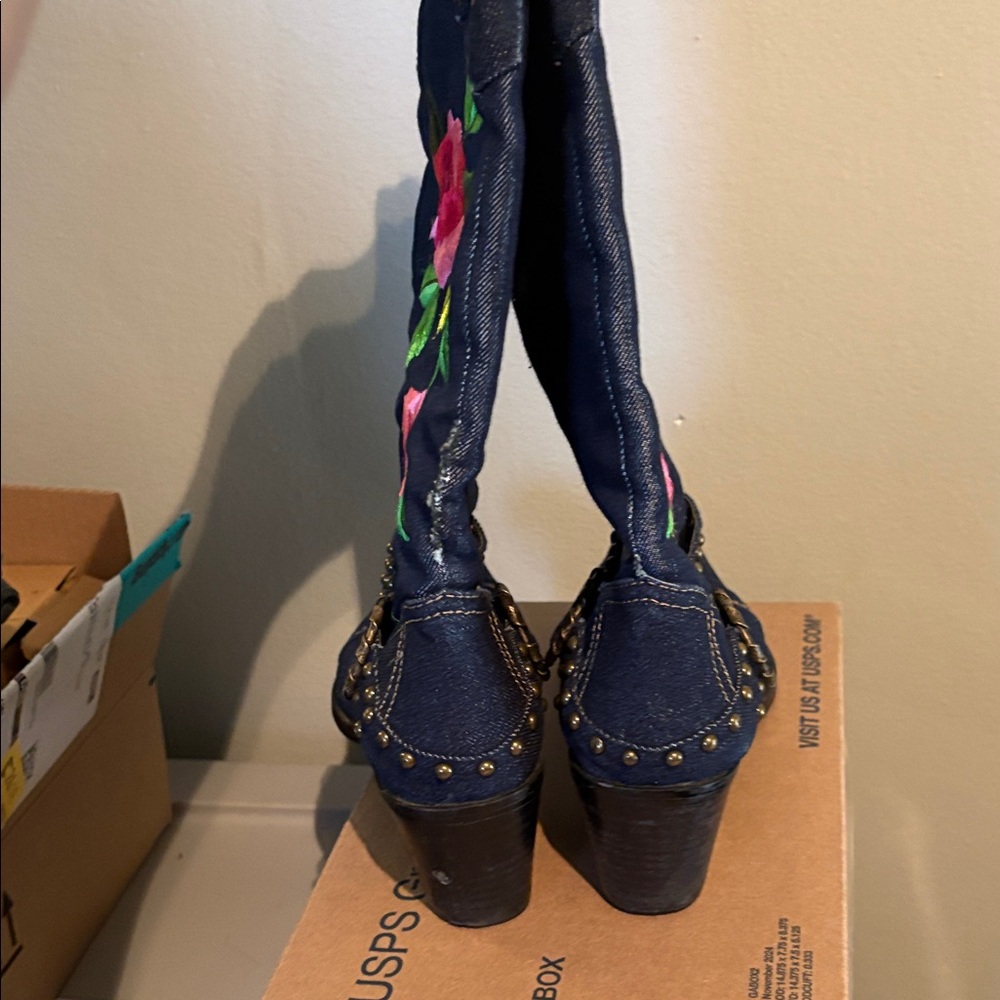 J.Renee Navy Denim Embroidered Western Ankle Boots with Stud Detail - Picture 3 of 3